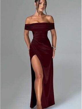 OYS Burgundy Off Shoulder Satin Maxi Dress Formal Gown Medium